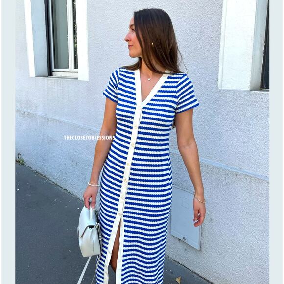 MANGO BLOGGER FAVE!!! Striped Knit Midi Dress NWT | Blue White Size 8 - Picture 6 of 16